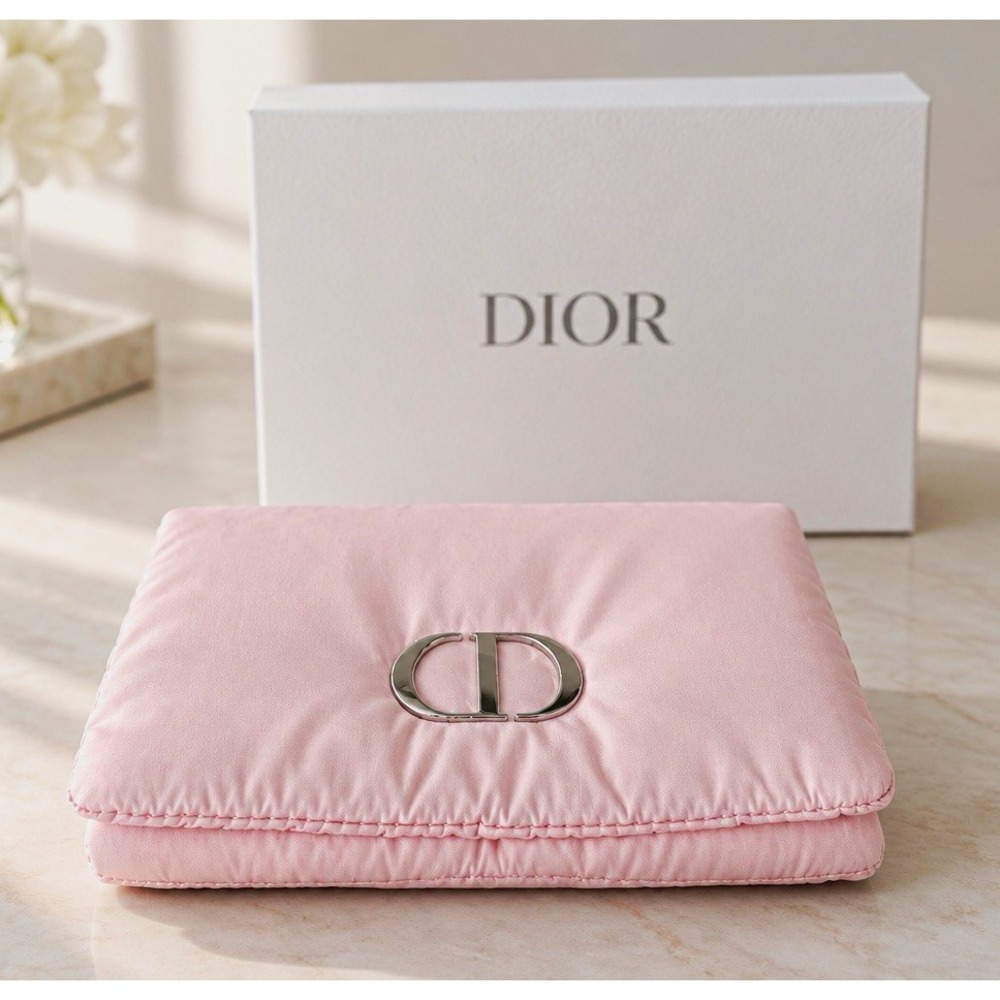 Dior Pink Satin Padded silver CD Logo Cosmetic Pouch / Clutch – New Without Tags